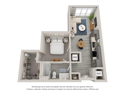 Floor plan for 1 bed, 1 bath, 641 sqft